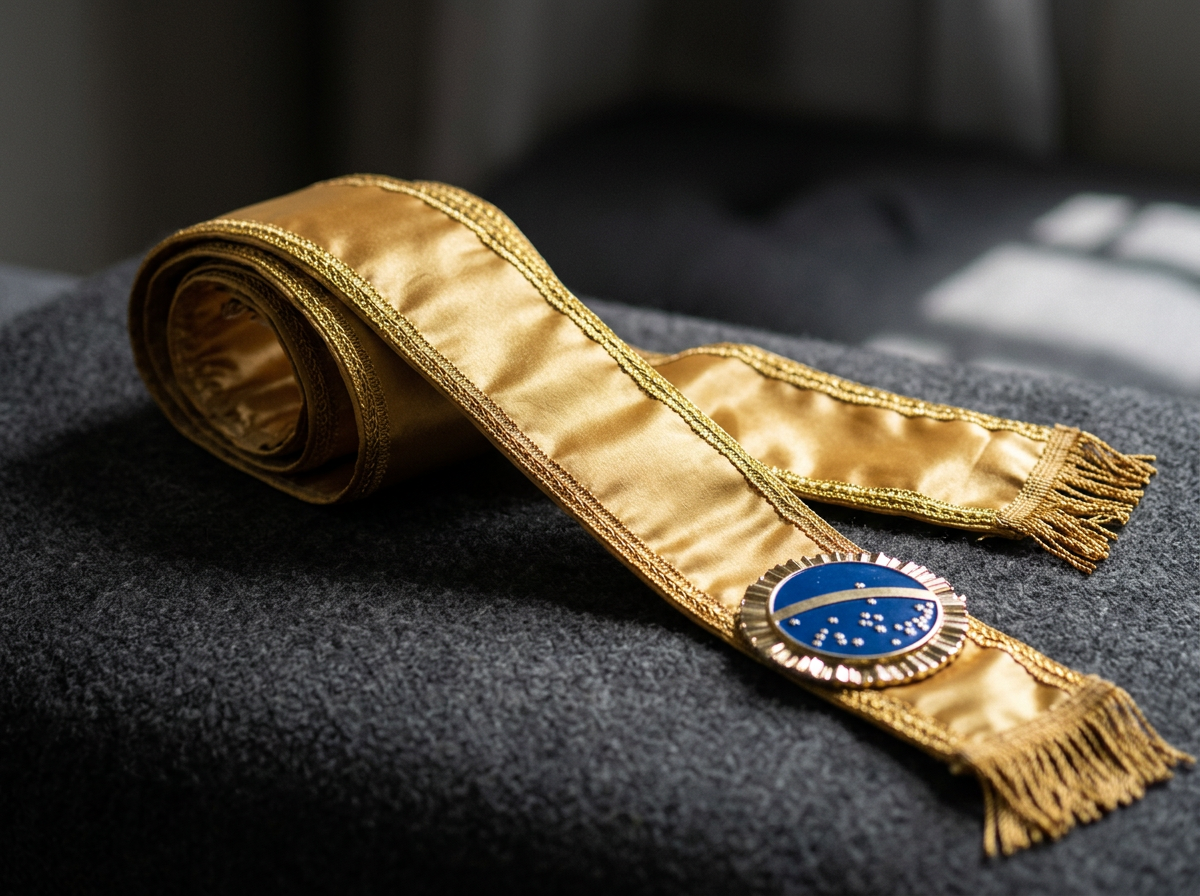Close da faixa oficial do Miss Brasil Real, em cetim dourado com medalhão, antes de receber o nome da cidade