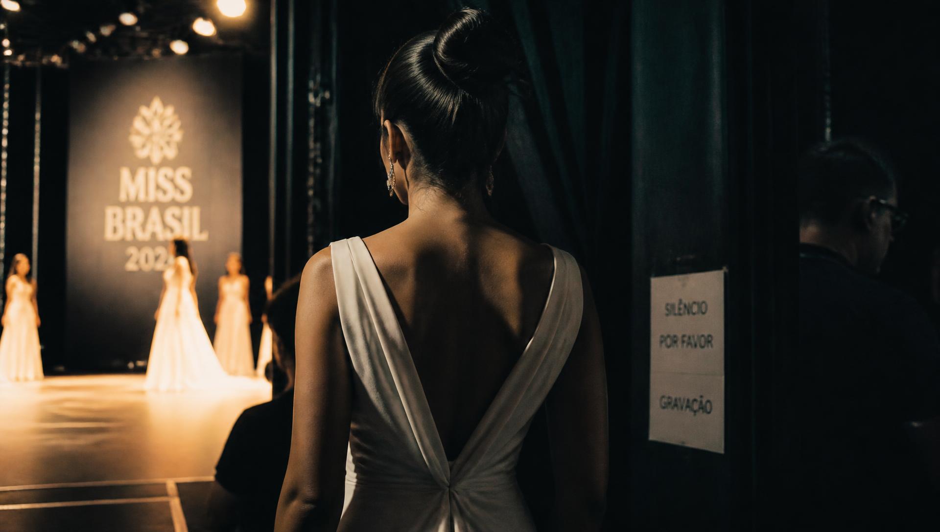 Bastidores de uma edição do Miss Brasil Real: candidata aguardando a entrada no palco